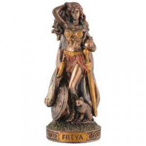 Mini statueta construita din rasina de culoarea bronzului care reprezina zeita nordica Freya, dimensiune 9 cm 