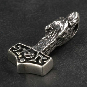 Pandantiv argint Ciocanul lui Thor cu cap de Lup 2.2cm