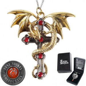 Pandantiv cu lantisor Carpe Noctum - dragon pe cruce Crux Dragana, placat cu argint, 6 cm - Img 2