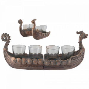 set de 4 pahare de tuica din sticla impreuna cu suportul lor realizat din rasina sub forma unei corabii vikinge cu cap de dragon, finisaj bronz
