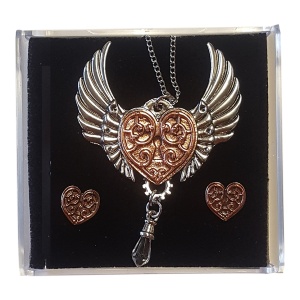 Set Pandantiv si Cercei steampunk Inima de Valkyrie talisman pentru o inima de razboinic, placat cu argint