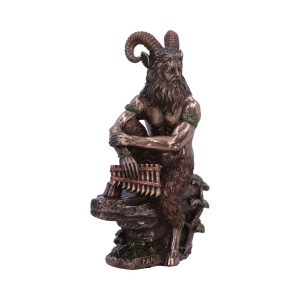 Statueta bronz si rasina, mitologie greaca, zeul naturii Pan cu naiul in mana, 15 cm