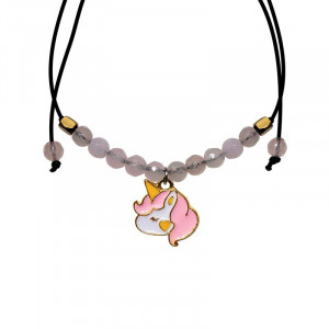 Bratara pentru copii, ajustabila, cu charm Unicorn si sfere din Quartz Roz