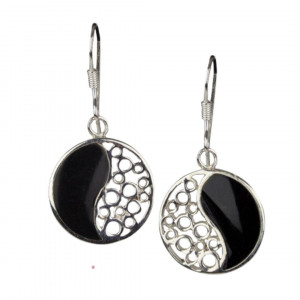 Cercei lungi din argint cu onix Yin Yang 1.5cm