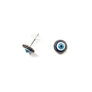 Cercei mici cu surub si tija, din argint cu margini stilizate Ochiul Protector (Evil Eye) 8mm