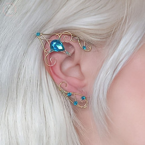 Cercel pe ureche lucrat manual, ureche de elf, Blue and Gold