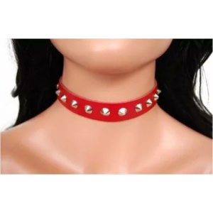 Choker piele naturala cu tinte Pointed Studs Rosu 1.5cm - Img 2