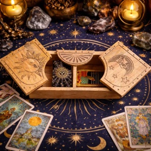 Cutie din lemn pentru Tarot Soare si Luna, 2 compartimente, 35.5 cm - Img 3