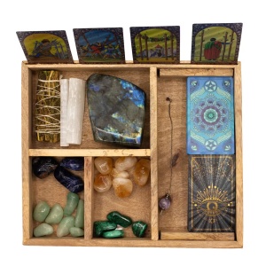 Cutie organizator din lemn pentru Tarot cu 4 compartimente si suport pentru carti, 33 cm - Img 2