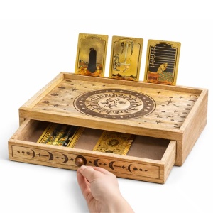 Cutie Tarot din lemn Soare si Luna cu sertar si suport pentru carti, 35.5 cm - Img 4