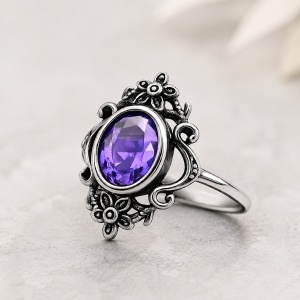 Inel otel inoxidabil cu zirconiu violet si flori gotice, 2 cm, Amethyst Flowers