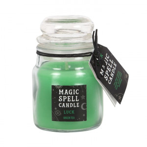Lumanare magica de culoare verde pentru ritual de noroc fabricata din ceara de parafina si miros de ceai verde, vine intr-un borcanas din sticls cu capac