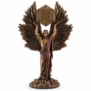 Mini statueta Arhanghelul Metatron cu cubul creatiei, finisaj bronz, 11 cm