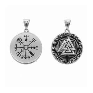 Pandantiv Valknut (Nodul lui Odin) cu Vegvisir – Busola Vikinga din Otel Inoxidabil 304, 31.5 mm