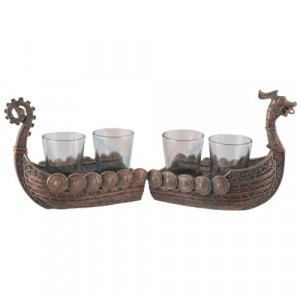 Set 4 pahare de shot/tuica din sticla cu suport Corabia Vikinga 31 cm finisaj bronz - Img 2