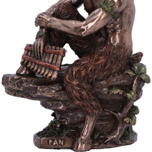 Statueta bronz si rasina, mitologie greaca, zeul naturii Pan cu naiul in mana, 15 cm - Img 3