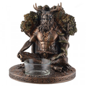 Suport rasina si bronz lumanare zeul celtic Cernunnos 13cm - Img 5