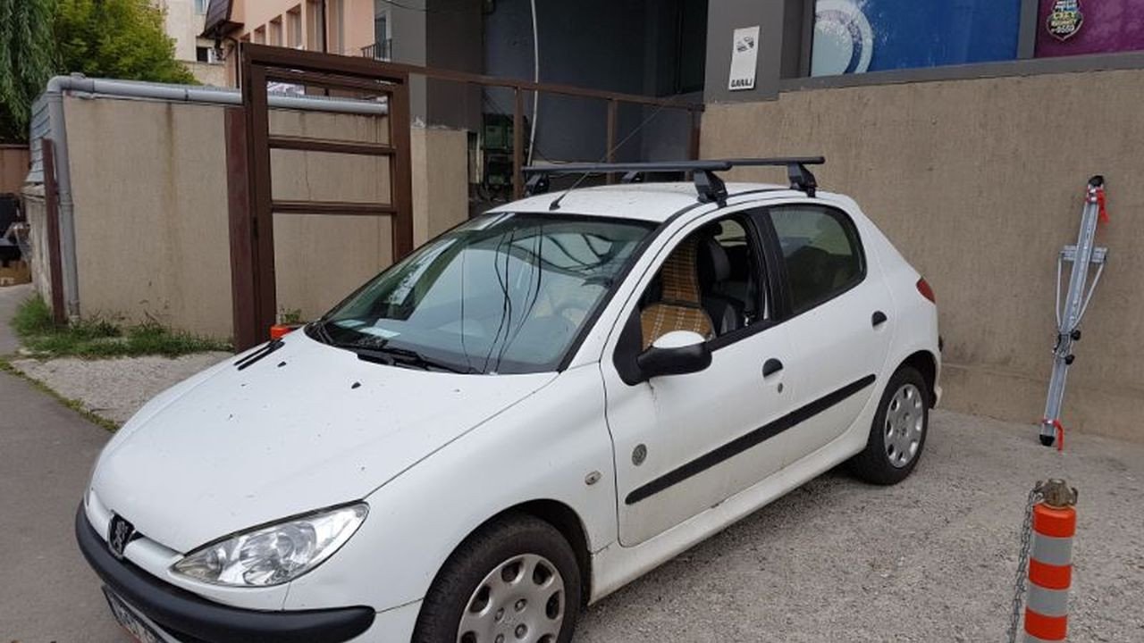 Peugeot 206 with Menabo Tema roof bars and a Menabo Huggy bike rack