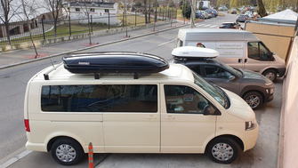 Volkswagen T6 Transporter bare transversale Menabo Professional si cutie portbagaj Menabo Mania