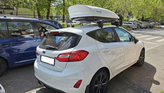 Ford FIesta bare transversale Menabo Delta, cutie portbagaj Menabo Mania si suport bicicleta Thule FreeRide 532