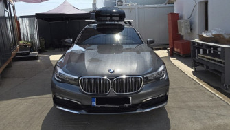 BMW seria 7 bare portbagaj Menabo Omega Plus aluminiu si cutie portbagaj Thule Motion