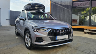 Audi Q3 2018+ cu bare transversale Menabo Sonic Black si cutie Thule Motion 3