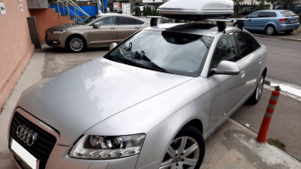 Audi A6 bare transversale Menabo Delta Silver si cutie portbagaj Menabo Mania
