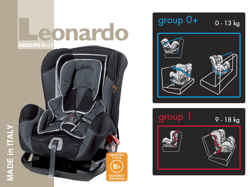 Bellelli Leonardo universal child car seat, Black-Grey, Groups 0+ (0–13 kg) and 1 (13–18 kg) Bellelli Leonardo child car seat