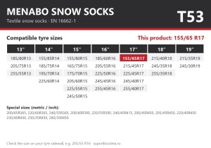 Lanturi auto textile, huse antiderapante 155/65 R17, Menabo Snow Socks, omologate, T53
