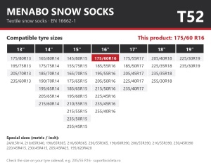 Lanturi auto textile, huse antiderapante 175/60 R16, Menabo Snow Socks, omologate, T52