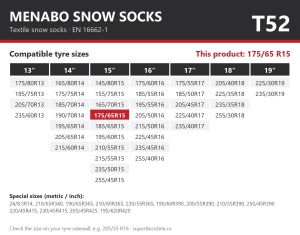 Lanturi auto textile, huse antiderapante 175/65 R15, Menabo Snow Socks, omologate, T52