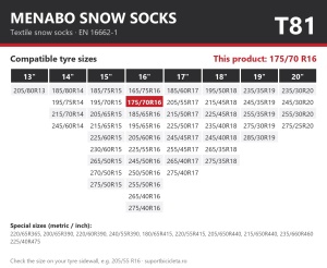 Lanturi auto textile, huse antiderapante 175/70 R16, Menabo Snow Socks, omologate, T81