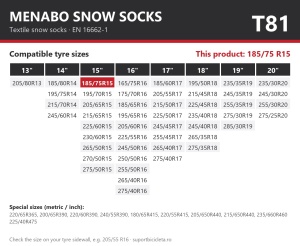 Lanturi auto textile, huse antiderapante 185/75 R15, Menabo Snow Socks, omologate, T81