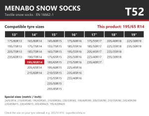 Lanturi auto textile, huse antiderapante 195/65 R14, Menabo Snow Socks, omologate, T52