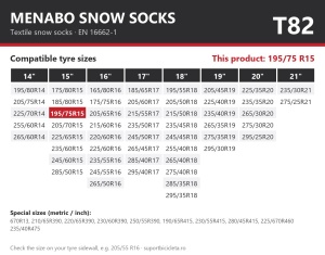Lanturi auto textile, huse antiderapante 195/75 R15, Menabo Snow Socks, omologate, T82