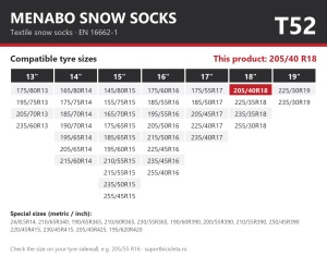 Lanturi auto textile, huse antiderapante 205/40 R18, Menabo Snow Socks, omologate, T52