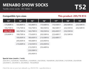 Lanturi auto textile, huse antiderapante 205/70 R13, Menabo Snow Socks, omologate, T52