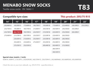 Lanturi auto textile, huse antiderapante 205/75 R15, Menabo Snow Socks, omologate, T83