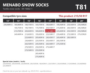 Lanturi auto textile, huse antiderapante 215/50 R17, Menabo Snow Socks, omologate, T81