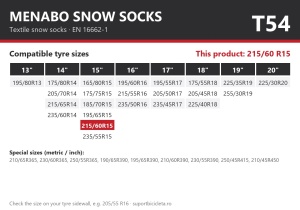 Lanturi auto textile, huse antiderapante 215/60 R15, Menabo Snow Socks, omologate, T54