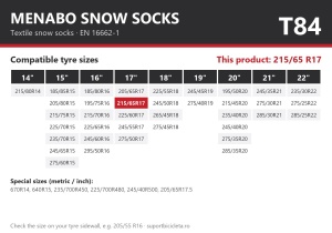 Lanturi auto textile, huse antiderapante 215/65 R17, Menabo Snow Socks, omologate, T84