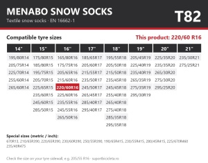 Lanturi auto textile, huse antiderapante 220/60 R16, Menabo Snow Socks, omologate, T82
