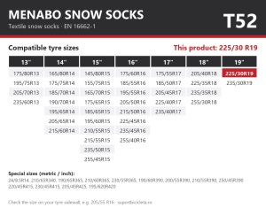 Lanturi auto textile, huse antiderapante 225/30 R19, Menabo Snow Socks, omologate, T52