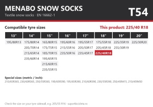 Lanturi auto textile, huse antiderapante 225/40 R18, Menabo Snow Socks, omologate, T54