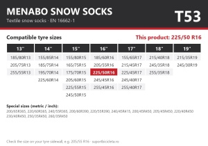Lanturi auto textile, huse antiderapante 225/50 R16, Menabo Snow Socks, omologate, T53
