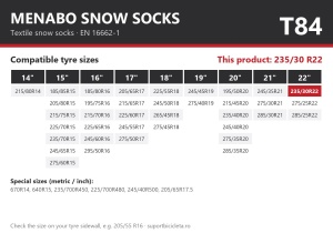 Lanturi auto textile, huse antiderapante 235/30 R22, Menabo Snow Socks, omologate, T84