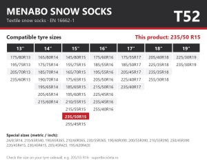 Lanturi auto textile, huse antiderapante 235/50 R15, Menabo Snow Socks, omologate, T52