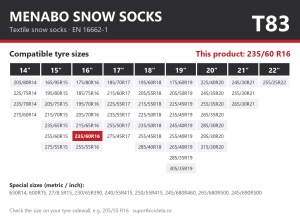 Lanturi auto textile, huse antiderapante 235/60 R16, Menabo Snow Socks, omologate, T83