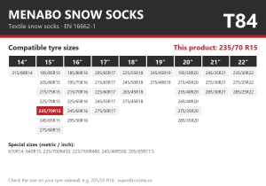 Lanturi auto textile, huse antiderapante 235/70 R15, Menabo Snow Socks, omologate, T84