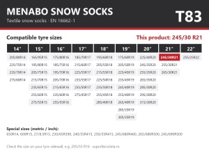 Lanturi auto textile, huse antiderapante 245/30 R21, Menabo Snow Socks, omologate, T83